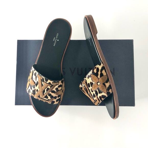 Louis Vuitton LV Monogrammed Leopard Print Calfhair Lock It Flat Mules Slides 37 - Picture 1 of 14